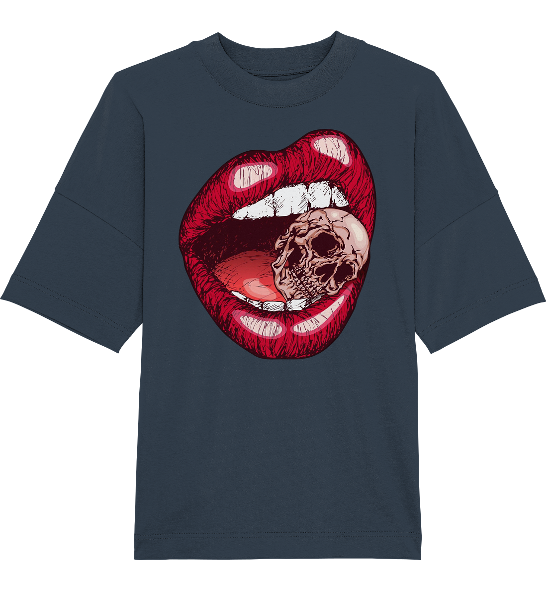 T-Shirt Lippen Totenkopf Druck vorne  - Organic Oversize Shirt