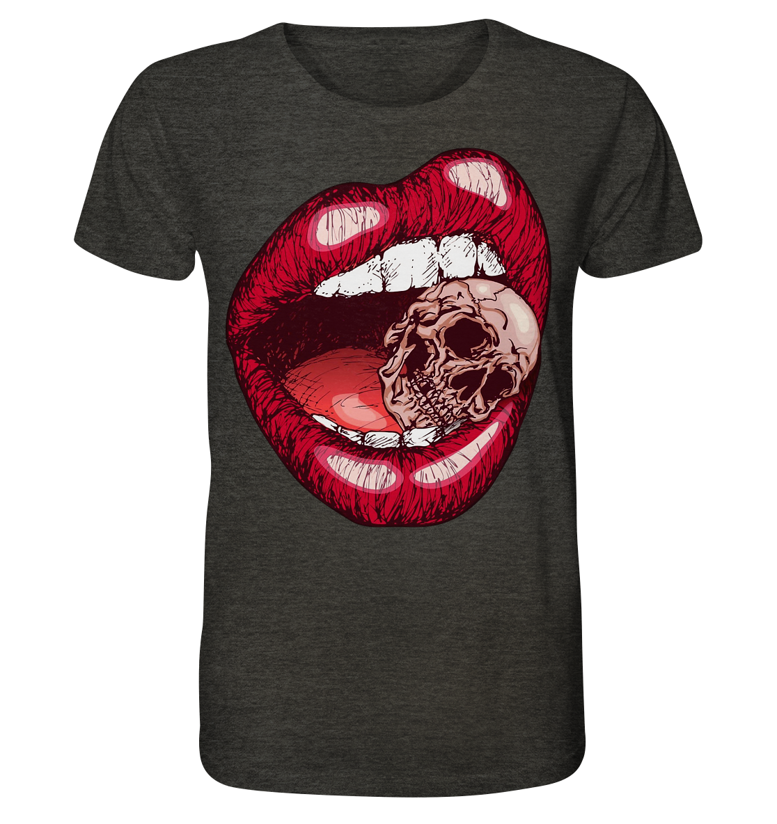 T-Shirt Lippen Totenkopf Druck vorne  - Organic Shirt (meliert)