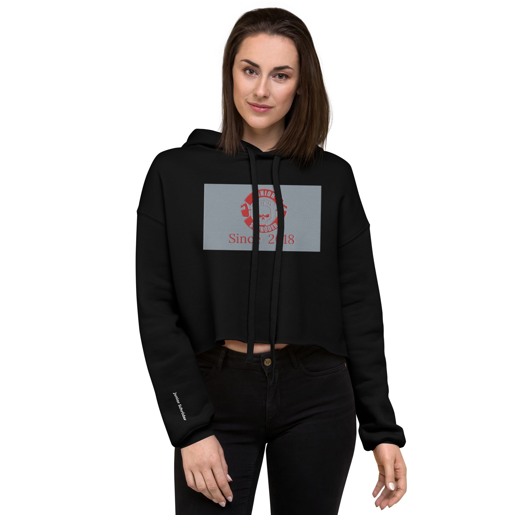 Crop-Hoodie Junior Schröder Stick vorne Druck hinten
