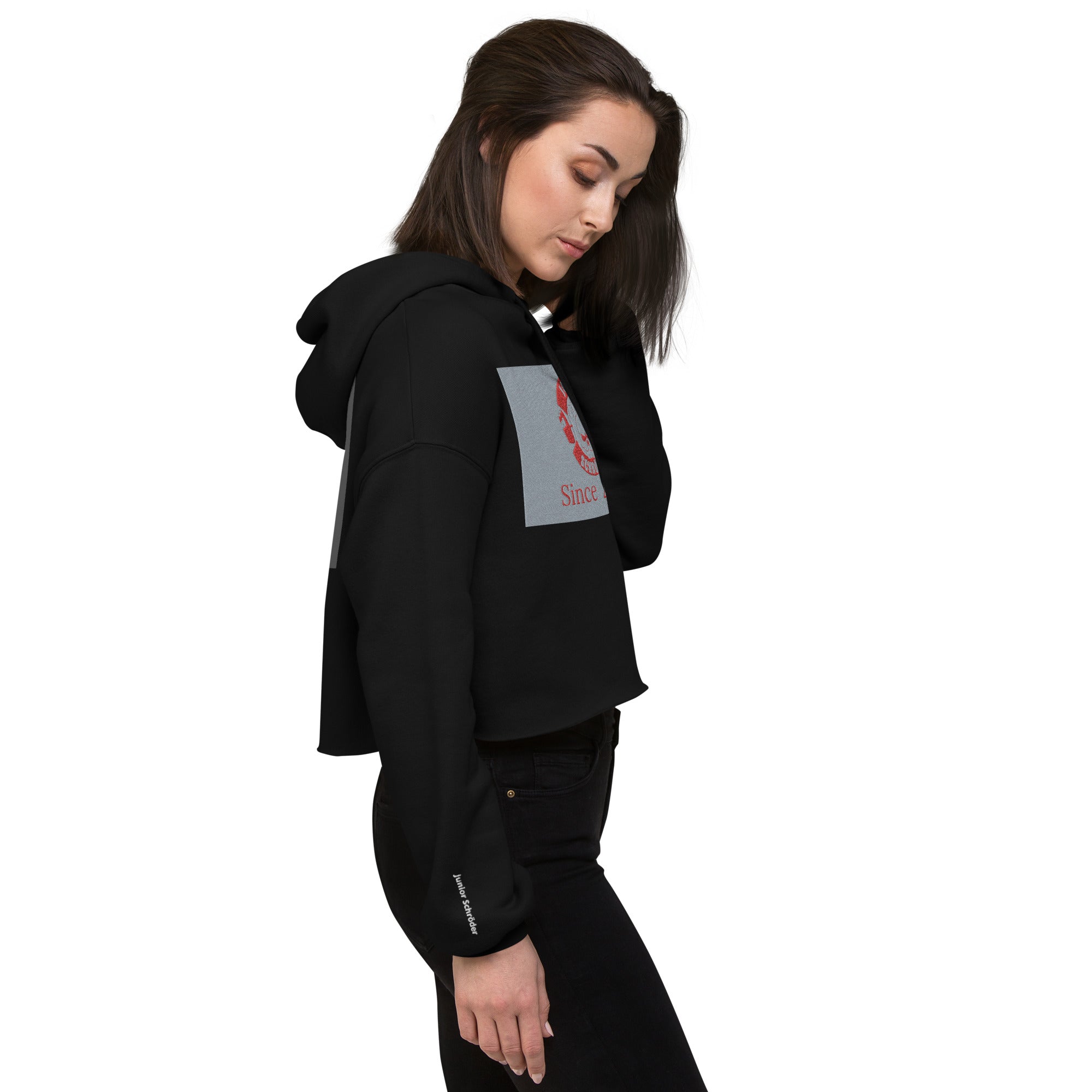 Crop-Hoodie Junior Schröder Stick vorne Druck hinten