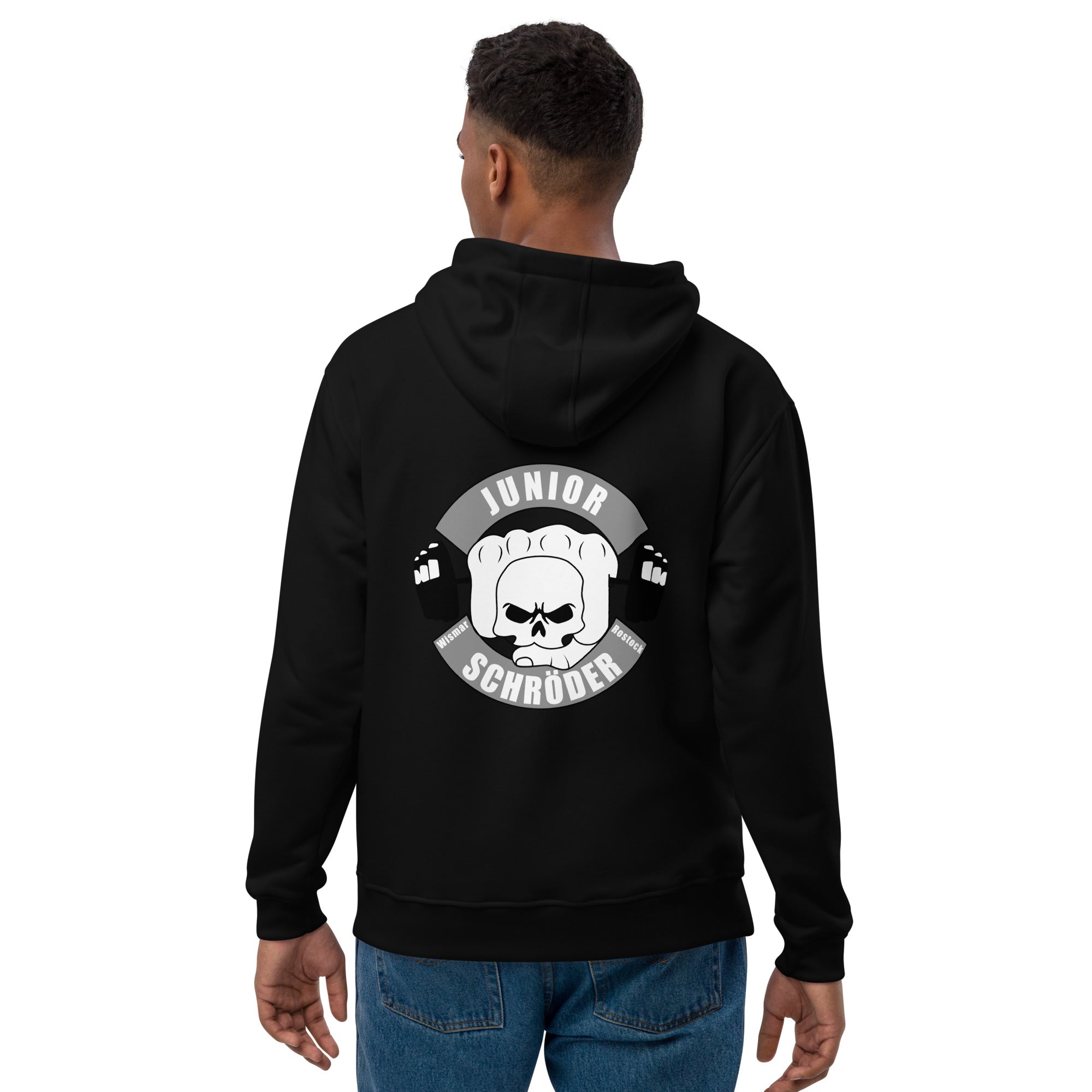 Premium Bio Hoodie Stick vorne und Druck hinten