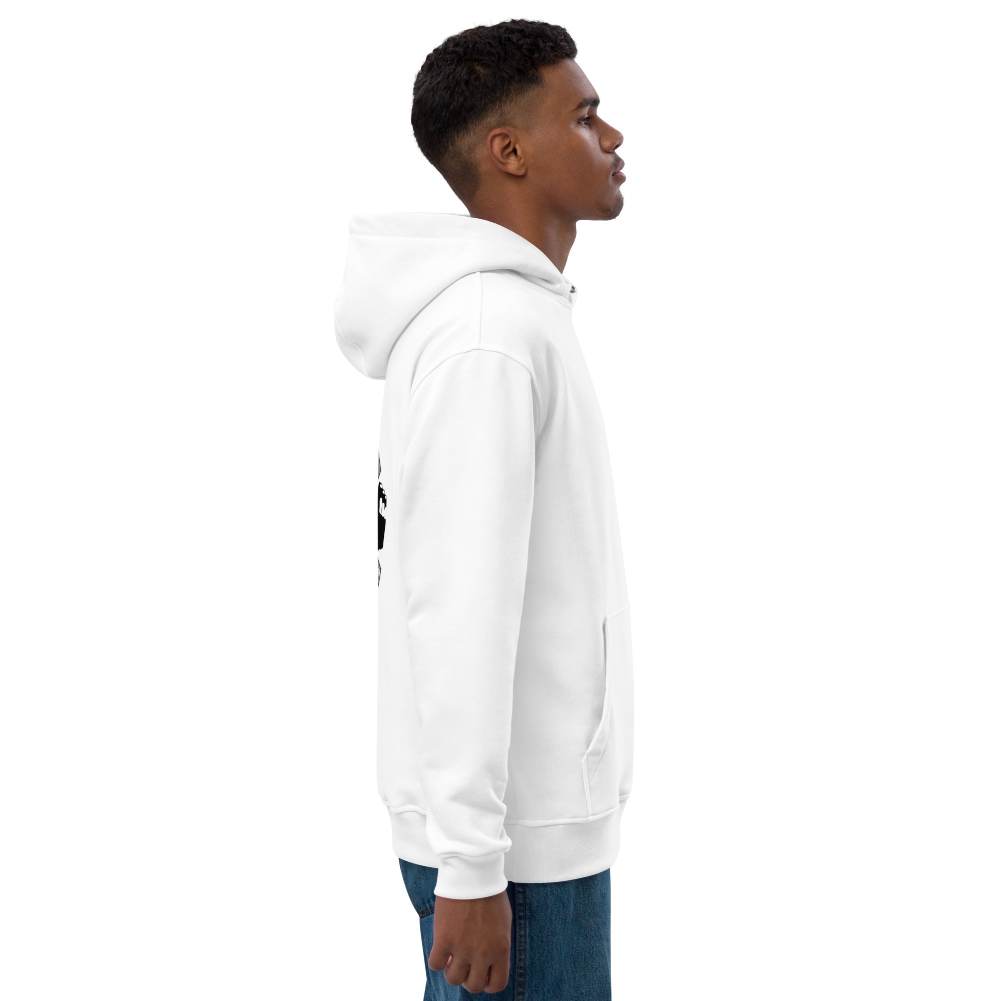 Premium Bio Hoodie Stick vorne und Druck hinten